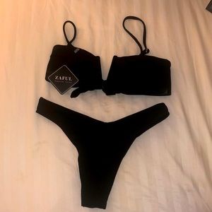 ZAFUL knot V-wired ribbed bikini set/BLACK
